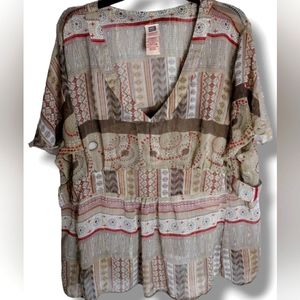 FADED GLORY | Sheer Tan,Red,Brown Butterfly Sleeve Kaftan Blouse | 22W/24W